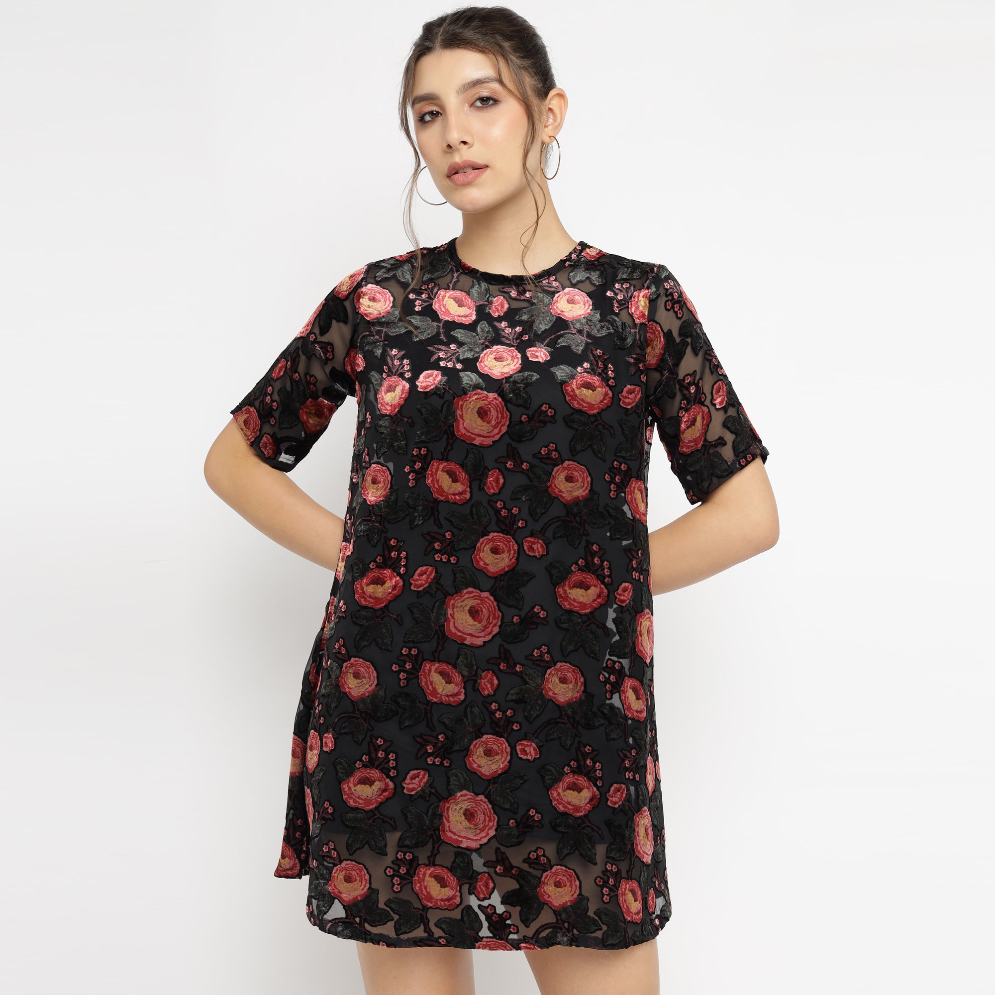Red – Floral Summer Velvet Shift Dress